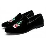 Black Velvet Embroidered White Rose Flower Mens Oxfords Loafers Dress Shoes Flats